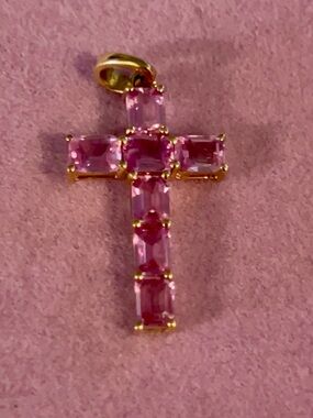 Gold Cross Pendant with Pink Gemstones